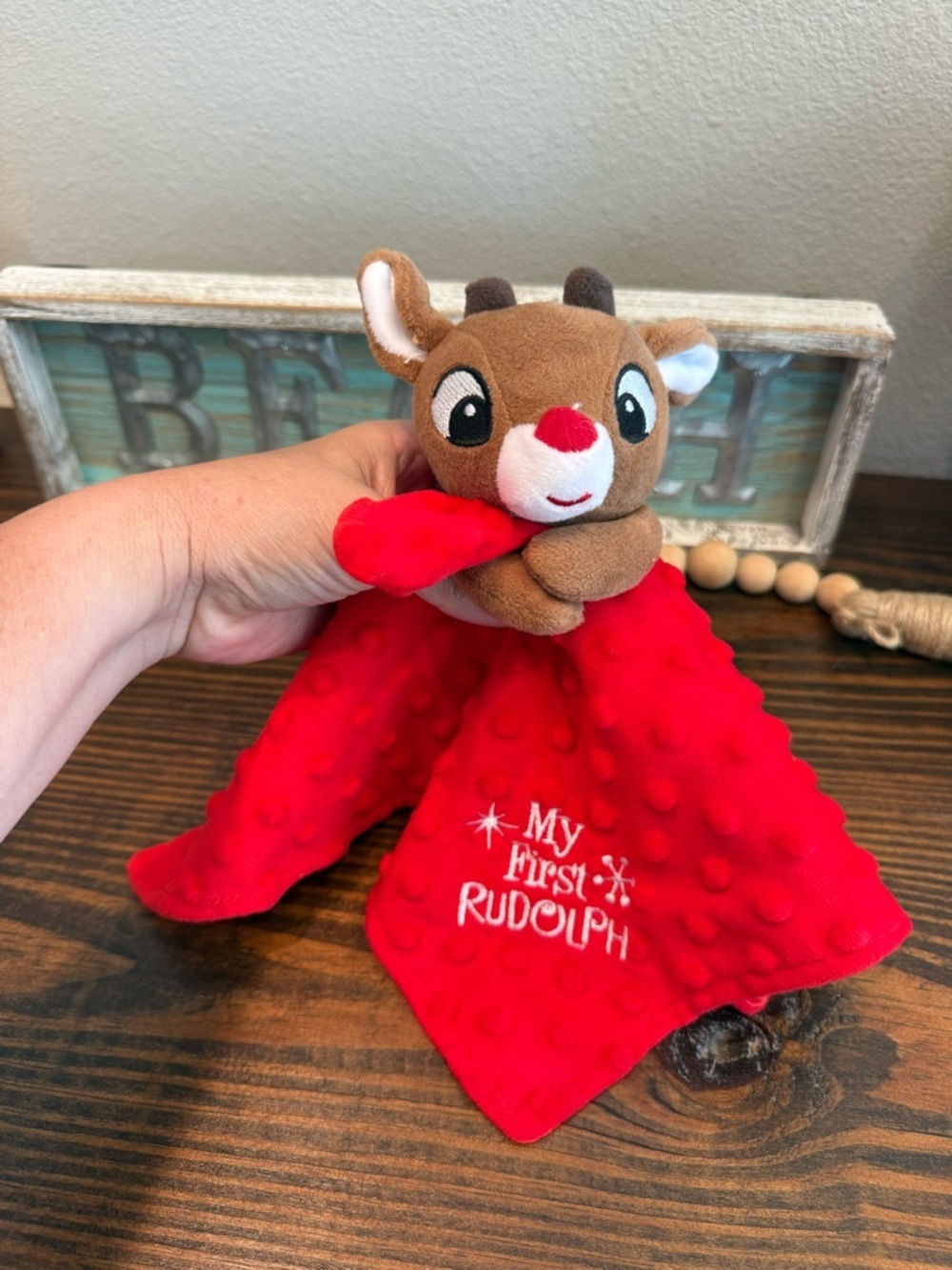 Rudolph Red Nosed Reindeer Lovey Rattle Security Blanket MY FIRST RUDOLPH 12x12 - Picture 5 of 5